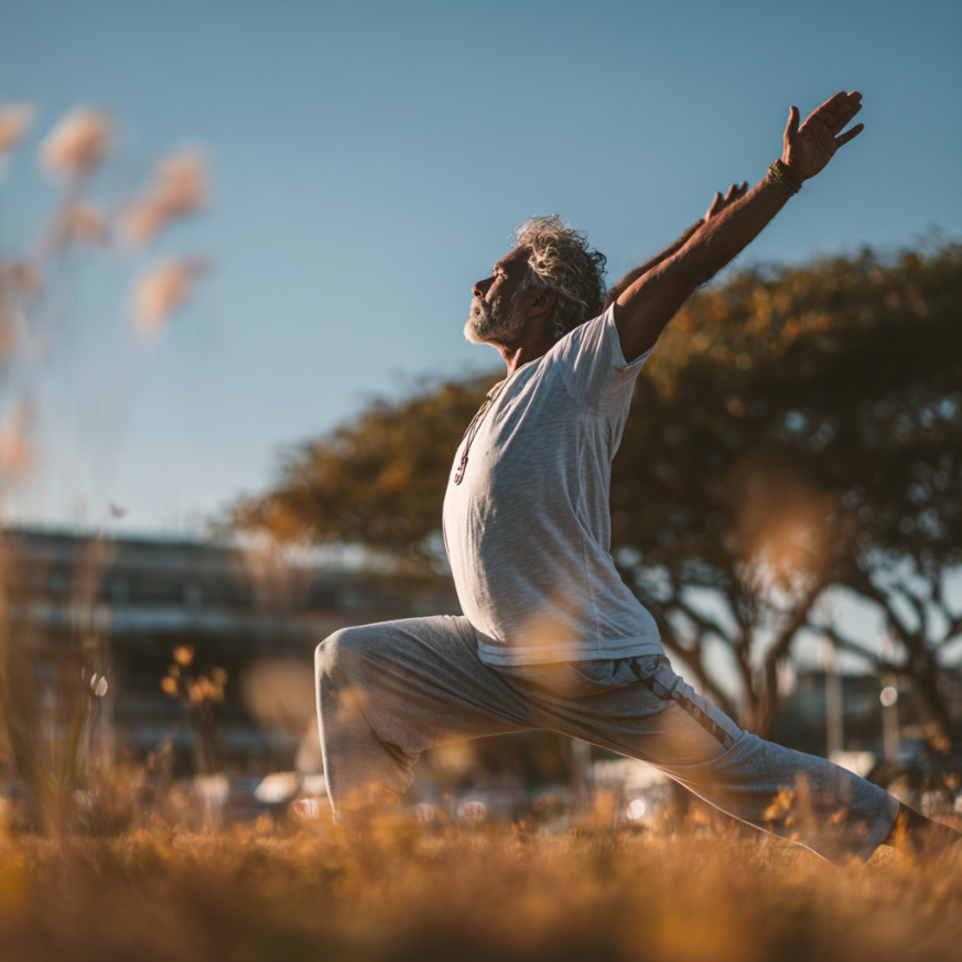 Літня жінка практикує йогу